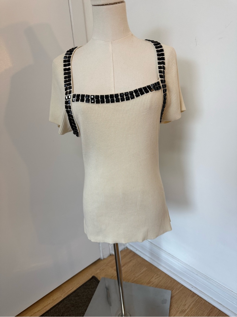 Belldini Cream Ribbed Square-Neck Short Sleeve Top with Black Beaded Trim